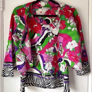 Alberto Makali Colorful Floral Zebra Sequin Crinkle Top and Cardigan